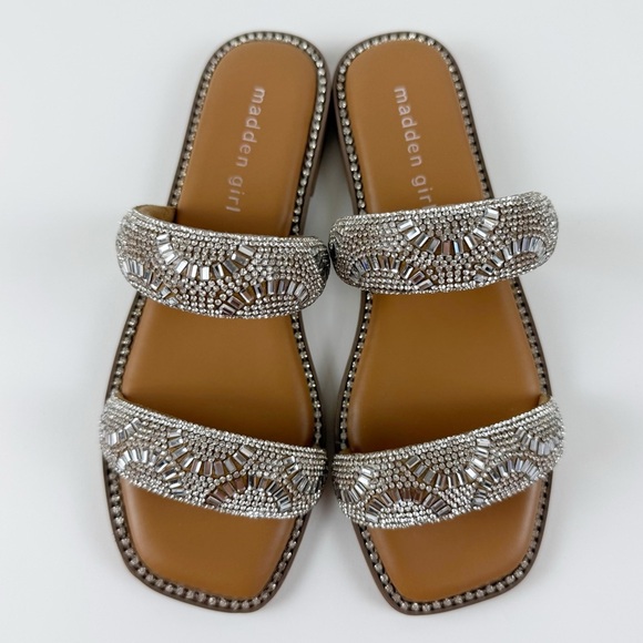 Madden Girl Shoes - Madden Girl Partly Rhinestone Two-Band Slide Sandals Womens 6 Silver Flats NEW